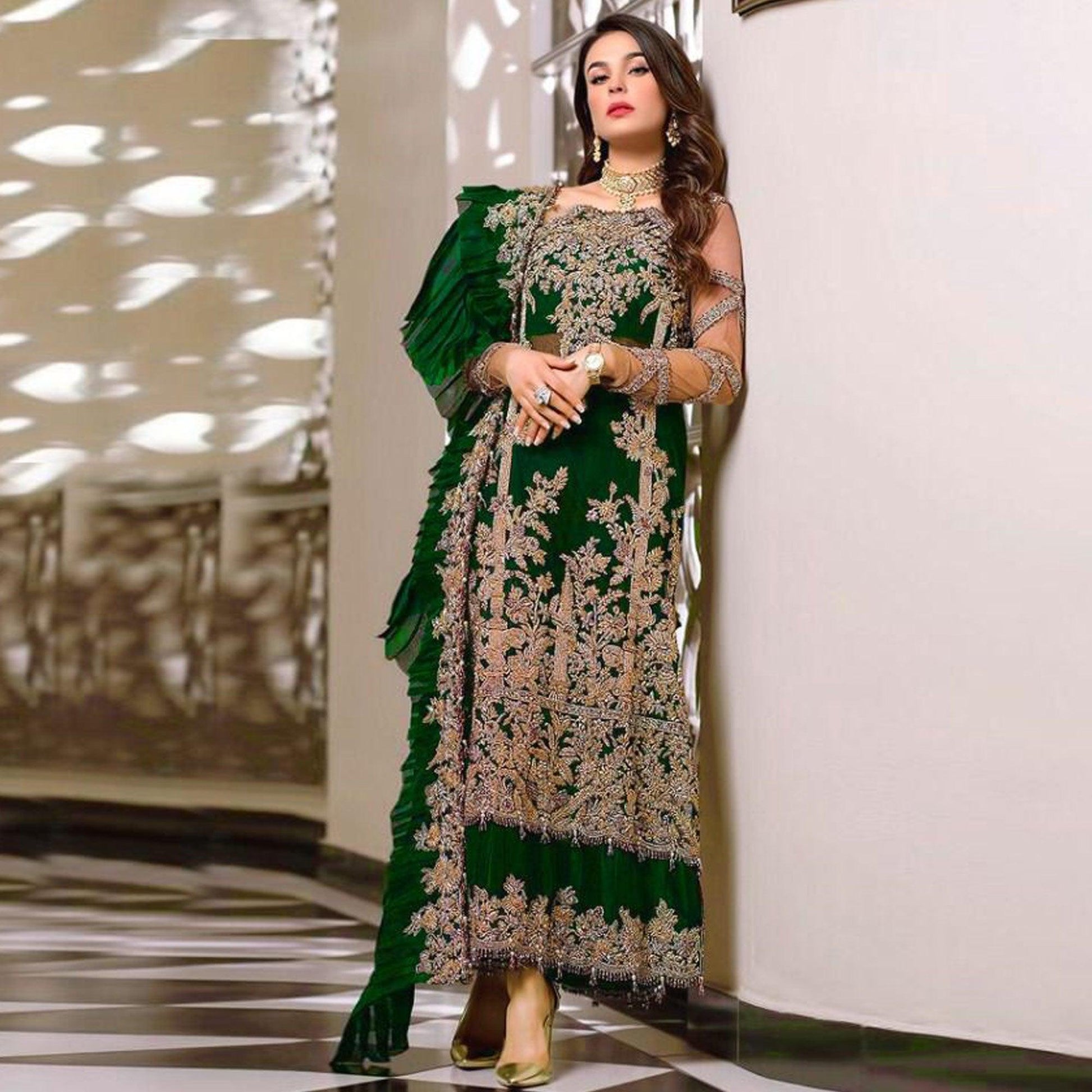 Bottle Green Embroidered Resham Work Georgette Pakistani Suit