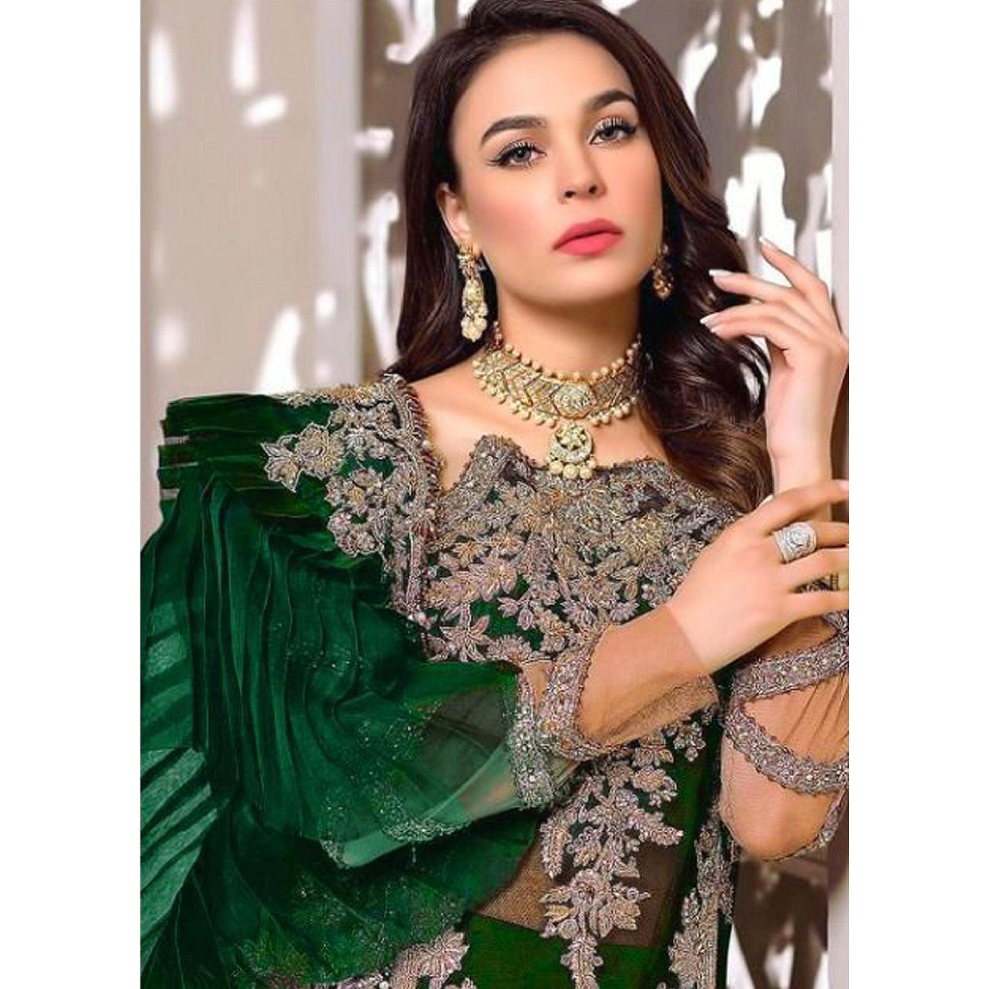 Bottle Green Embroidered Resham Work Georgette Pakistani Suit