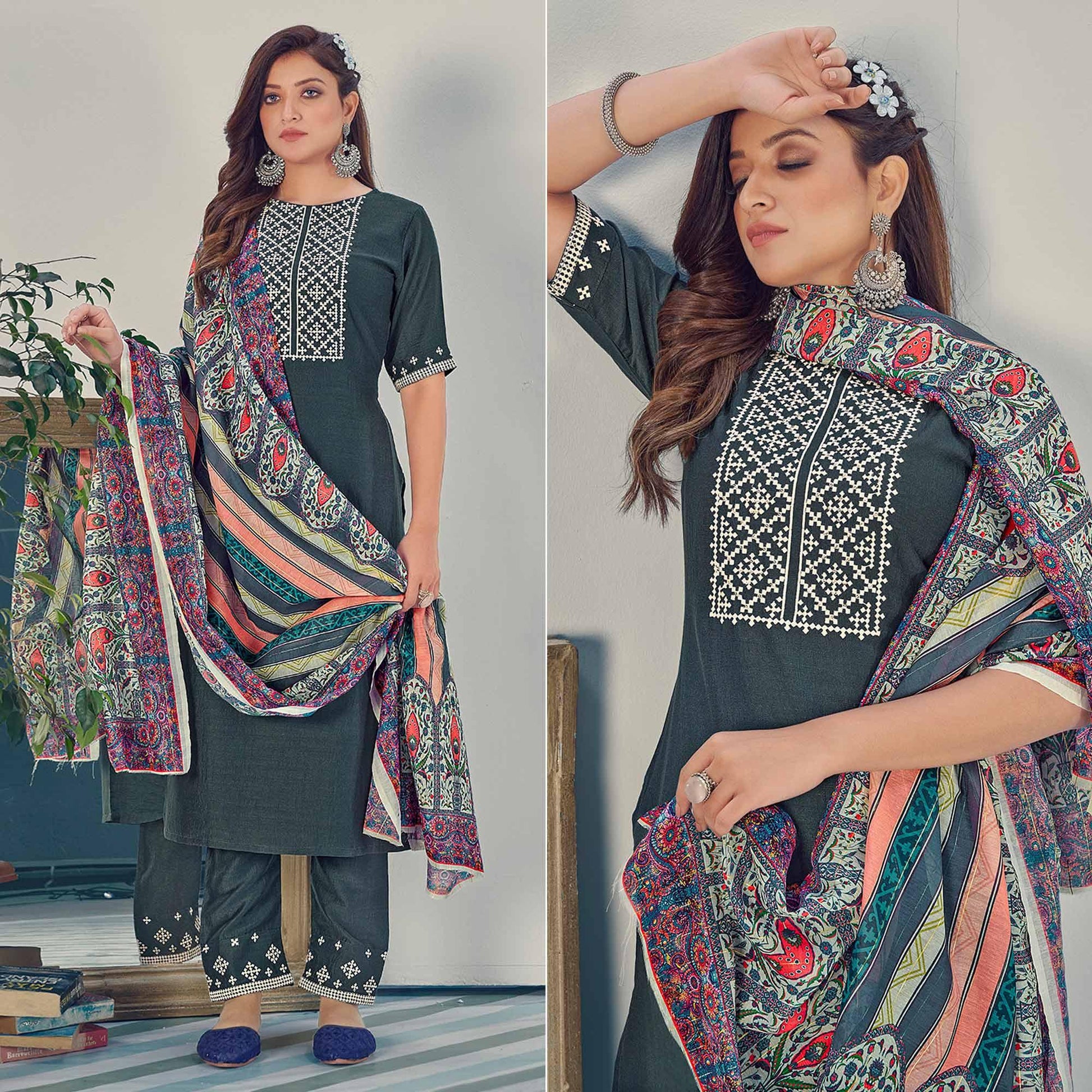 Bottle Green Embroidered With Embellished Chiffon Kurti Pant Set With Dupatta