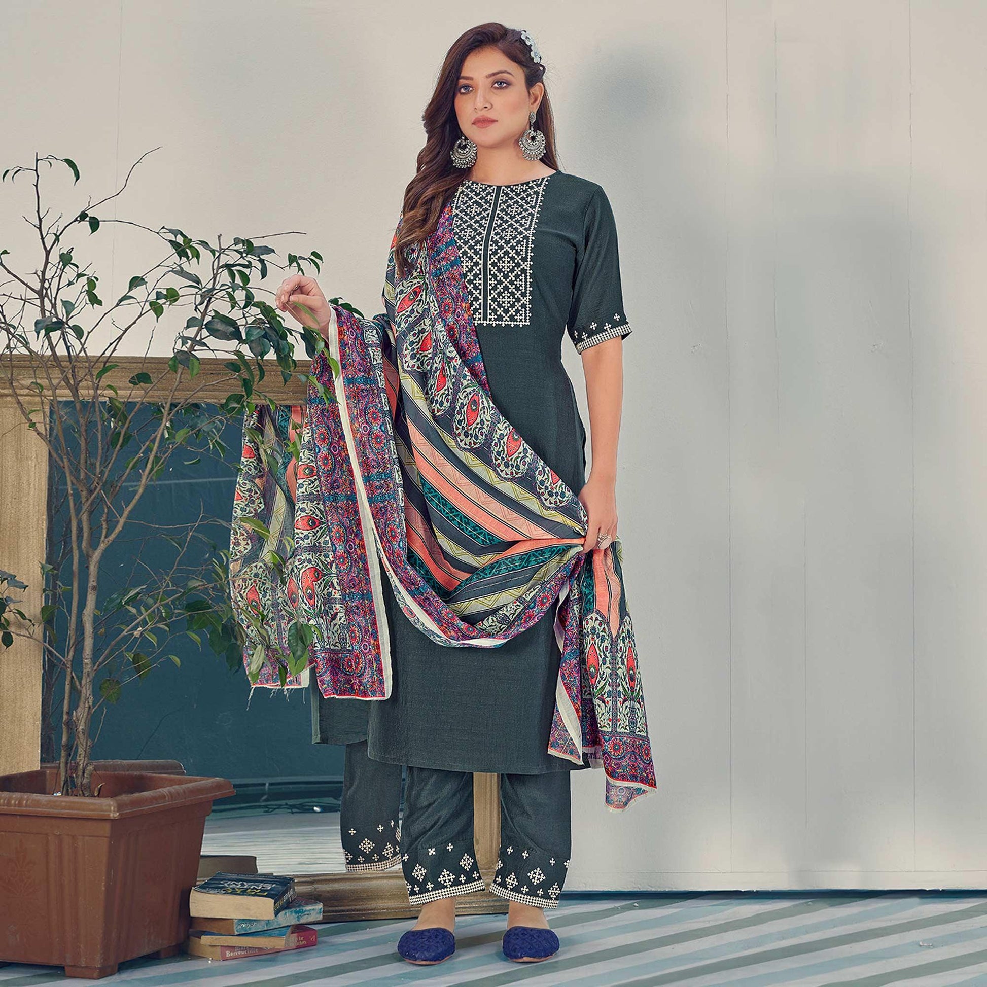 Bottle Green Embroidered With Embellished Chiffon Kurti Pant Set With Dupatta