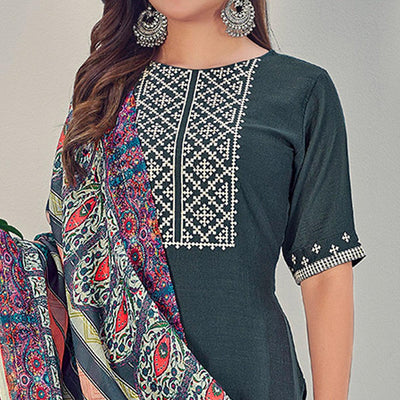 Bottle Green Embroidered With Embellished Chiffon Kurti Pant Set With Dupatta