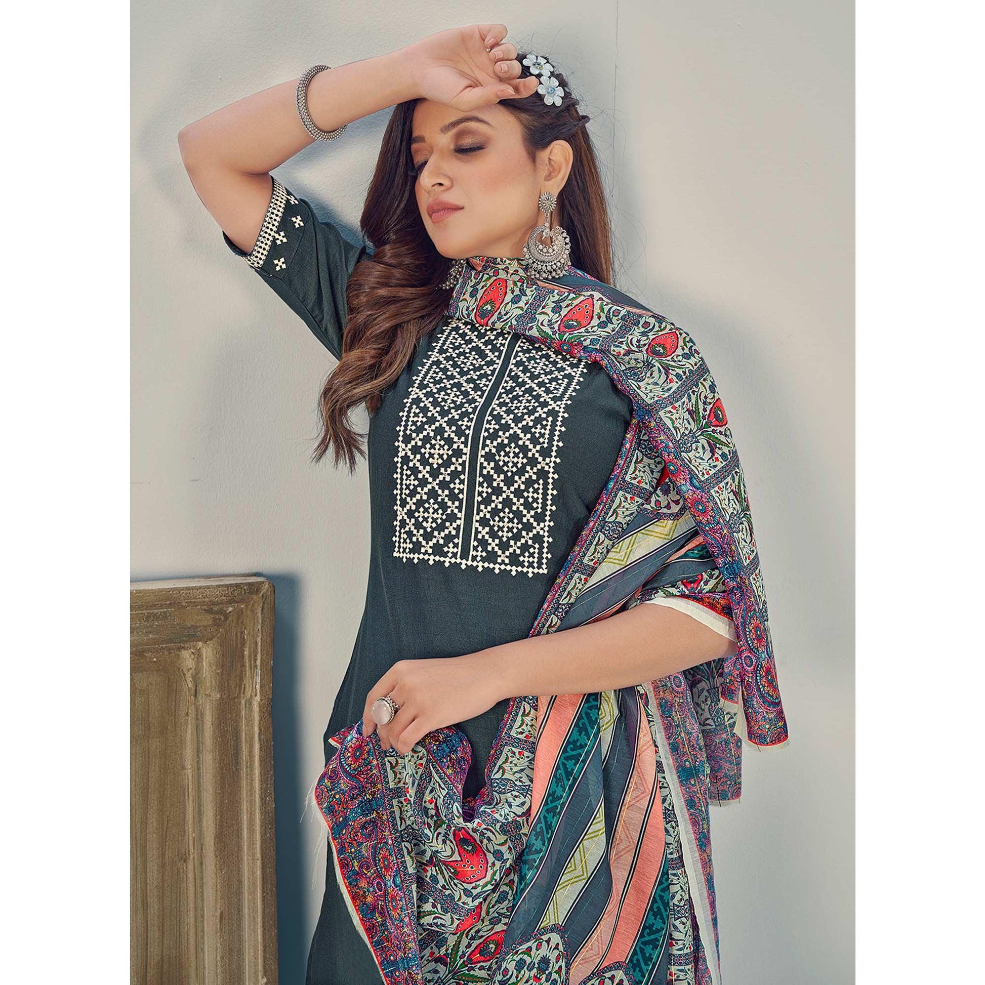 Bottle Green Embroidered With Embellished Chiffon Kurti Pant Set With Dupatta