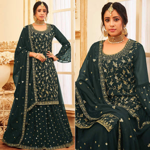 Bottle Green Embroidered With Embellished Georgette Sharara Suit