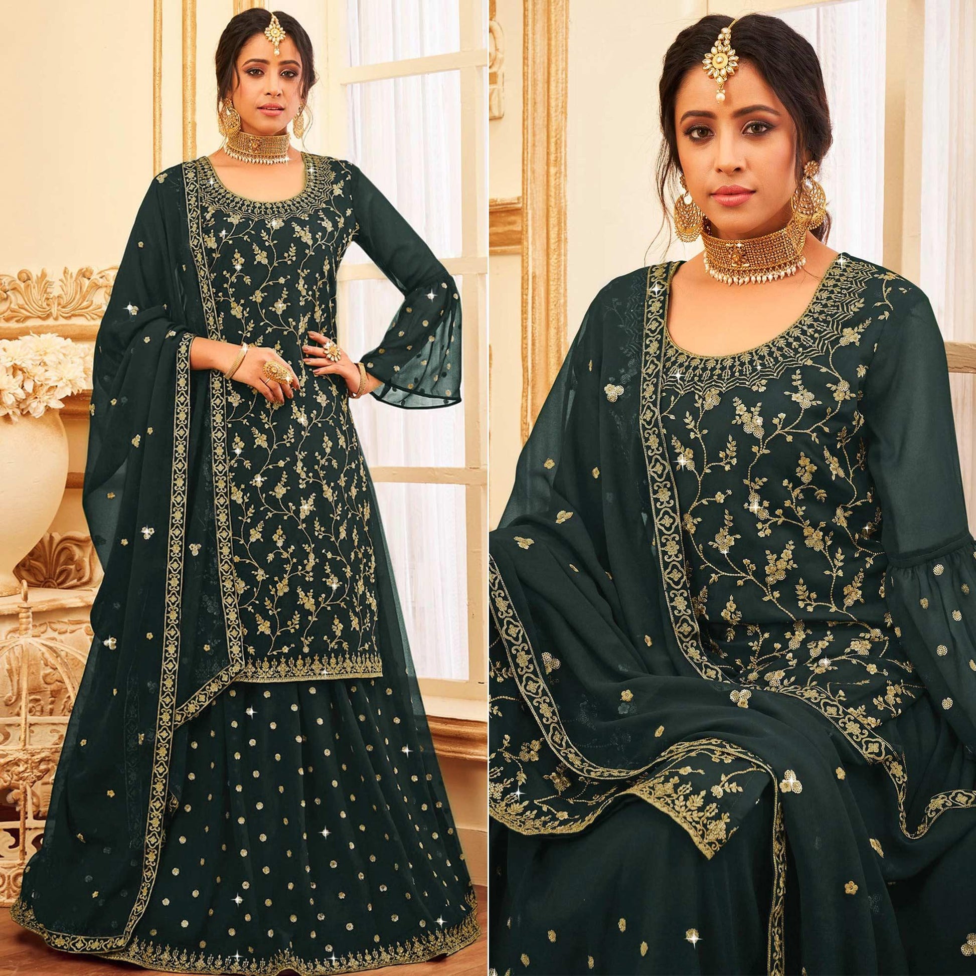 Bottle Green Embroidered With Embellished Georgette Sharara Suit
