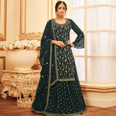Bottle Green Embroidered With Embellished Georgette Sharara Suit