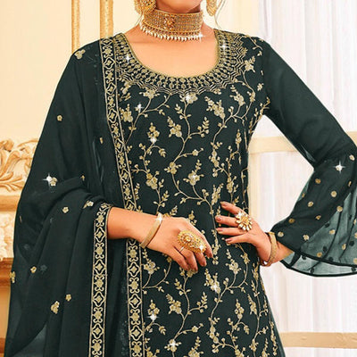 Bottle Green Embroidered With Embellished Georgette Sharara Suit