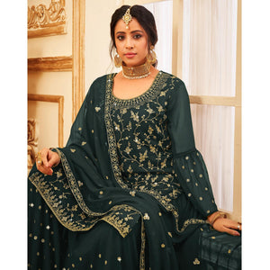 Bottle Green Embroidered With Embellished Georgette Sharara Suit