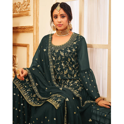 Bottle Green Embroidered With Embellished Georgette Sharara Suit