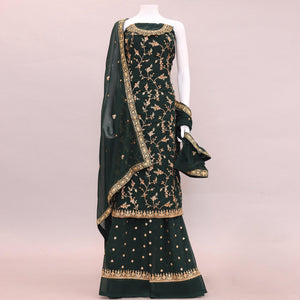 Bottle Green Embroidered With Embellished Georgette Sharara Suit