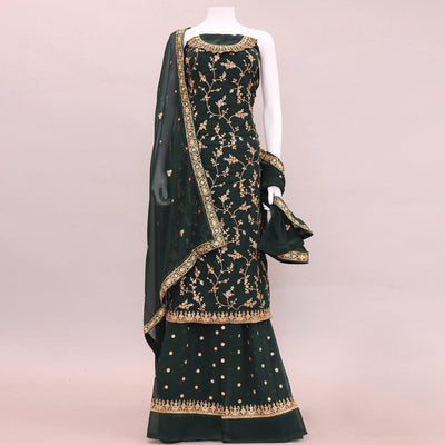 Bottle Green Embroidered With Embellished Georgette Sharara Suit