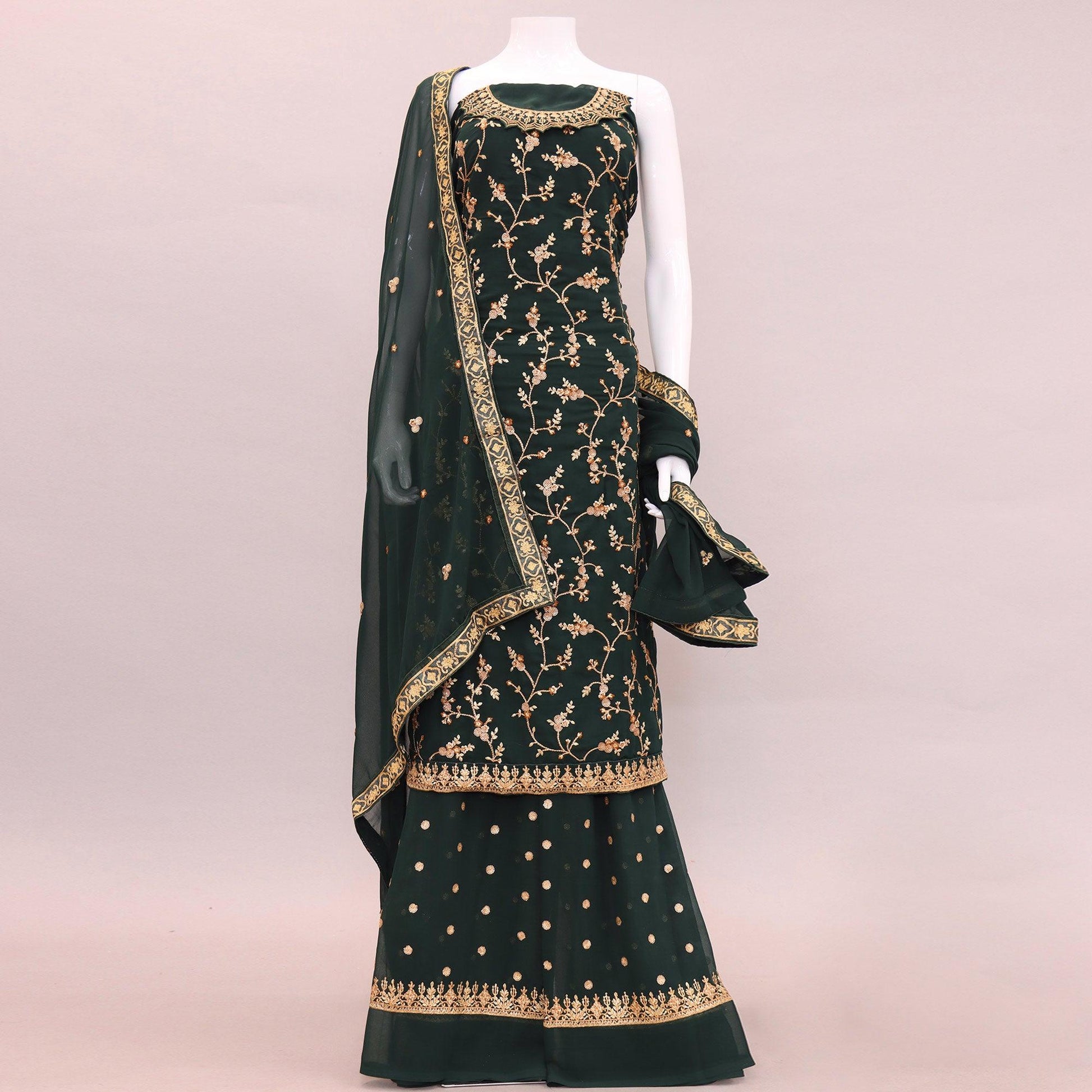 Bottle Green Embroidered With Embellished Georgette Sharara Suit