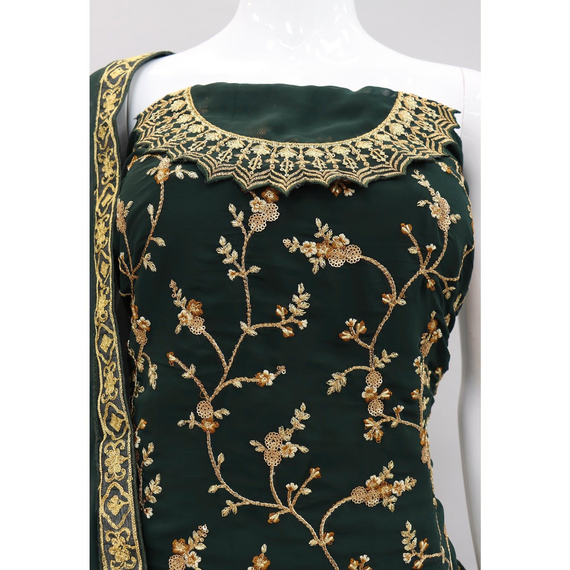 Bottle Green Embroidered With Embellished Georgette Sharara Suit
