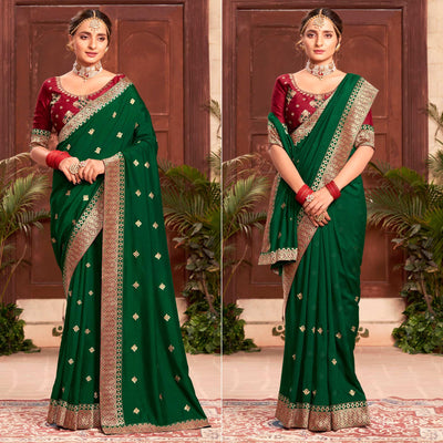 Bottle Green Embroidered With Embellished Vichitra Silk Saree