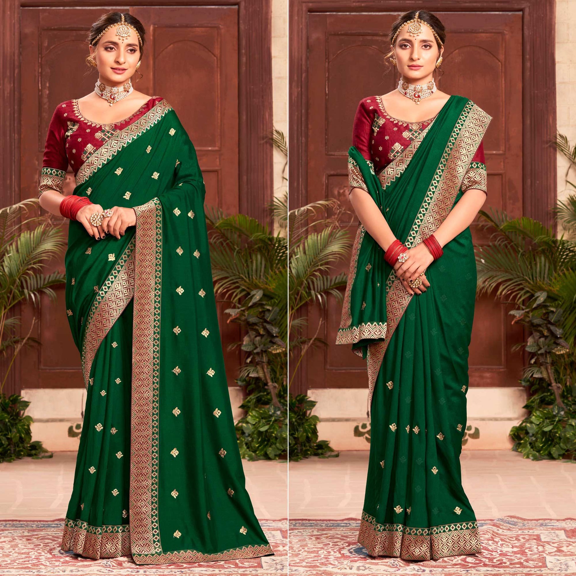 Bottle Green Embroidered With Embellished Vichitra Silk Saree