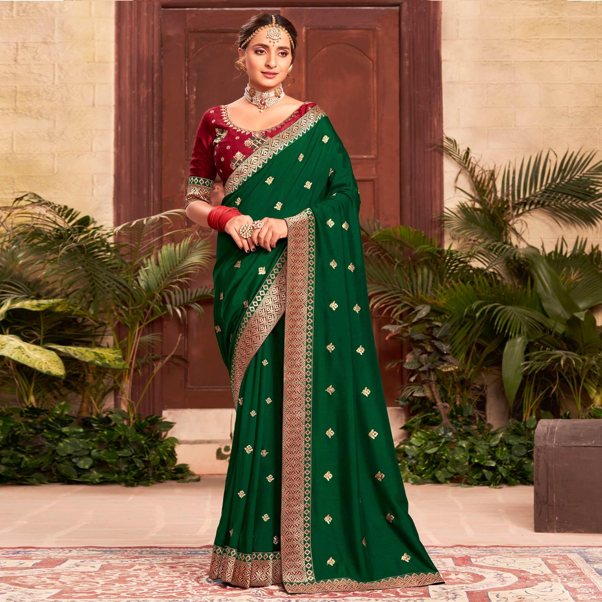 Bottle Green Embroidered With Embellished Vichitra Silk Saree