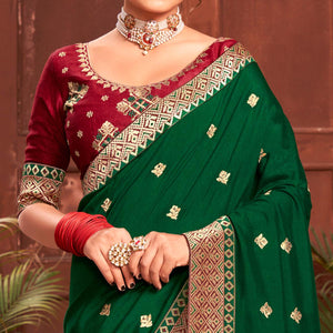 Bottle Green Embroidered With Embellished Vichitra Silk Saree