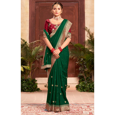 Bottle Green Embroidered With Embellished Vichitra Silk Saree