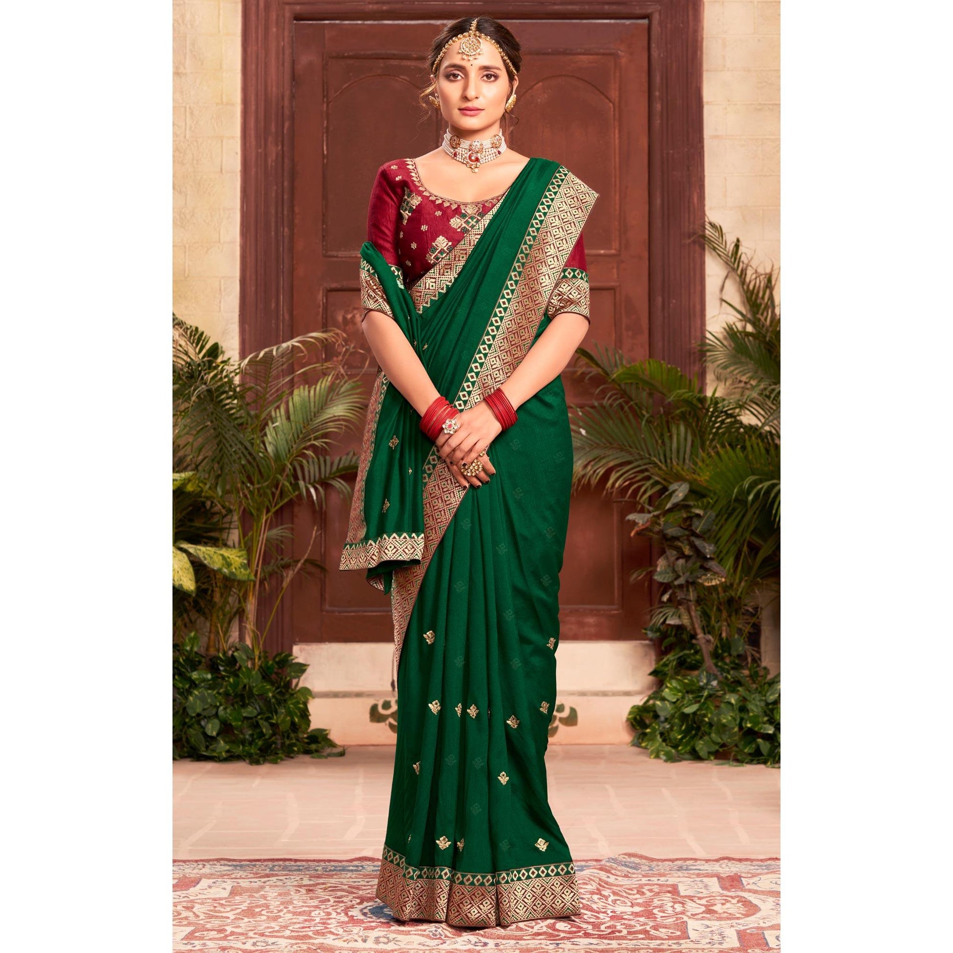 Bottle Green Embroidered With Embellished Vichitra Silk Saree