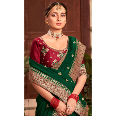 Bottle Green Embroidered With Embellished Vichitra Silk Saree