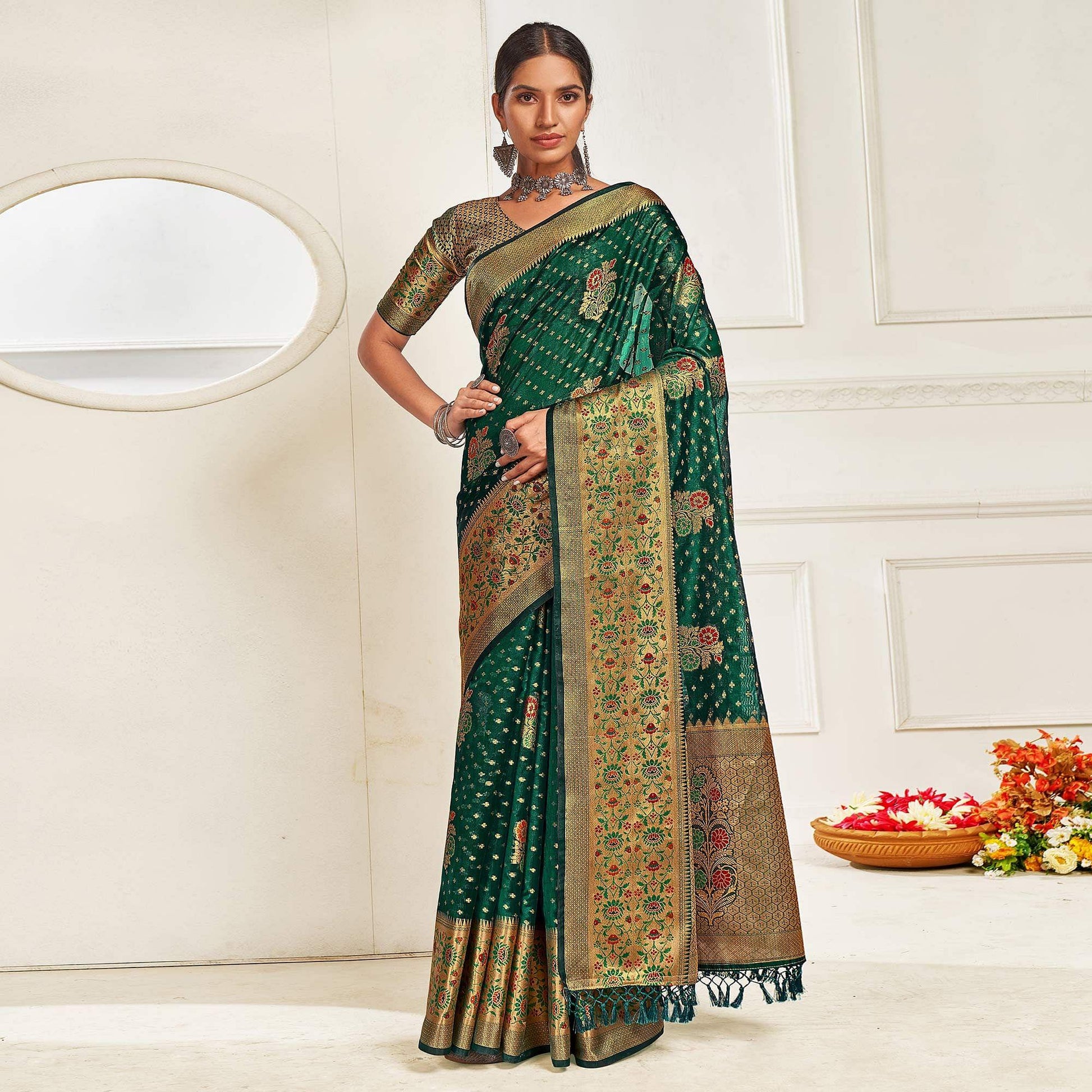 Bottle Green Festive Wear Banarasi Woven Organza Saree