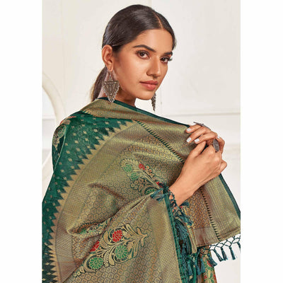 Bottle Green Festive Wear Banarasi Woven Organza Saree