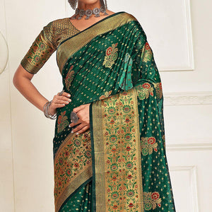 Bottle Green Festive Wear Banarasi Woven Organza Saree
