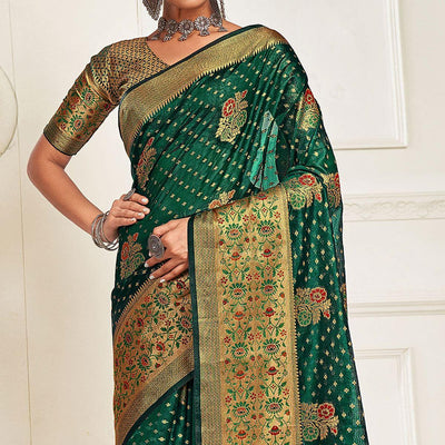 Bottle Green Festive Wear Banarasi Woven Organza Saree