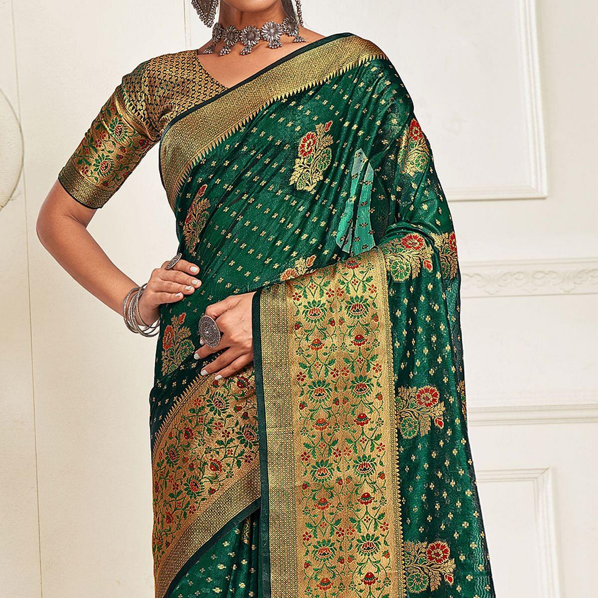 Bottle Green Festive Wear Banarasi Woven Organza Saree