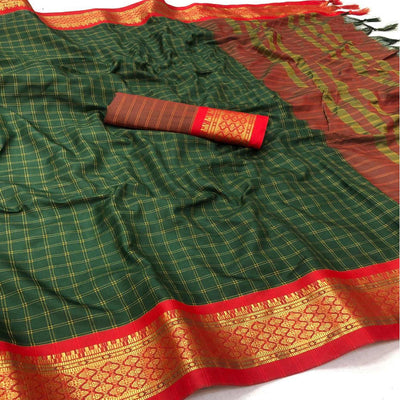 Bottle Green Festive Wear Checks With Woven Border Cotton Silk Saree