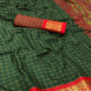 Bottle Green Festive Wear Checks With Woven Border Cotton Silk Saree