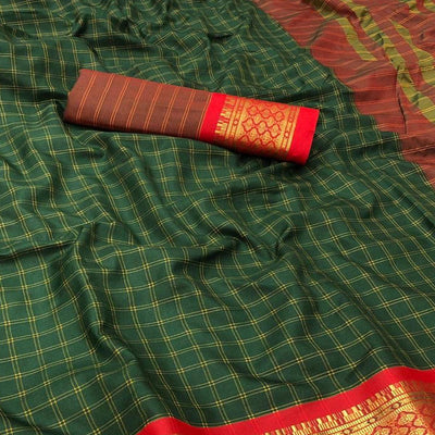 Bottle Green Festive Wear Checks With Woven Border Cotton Silk Saree