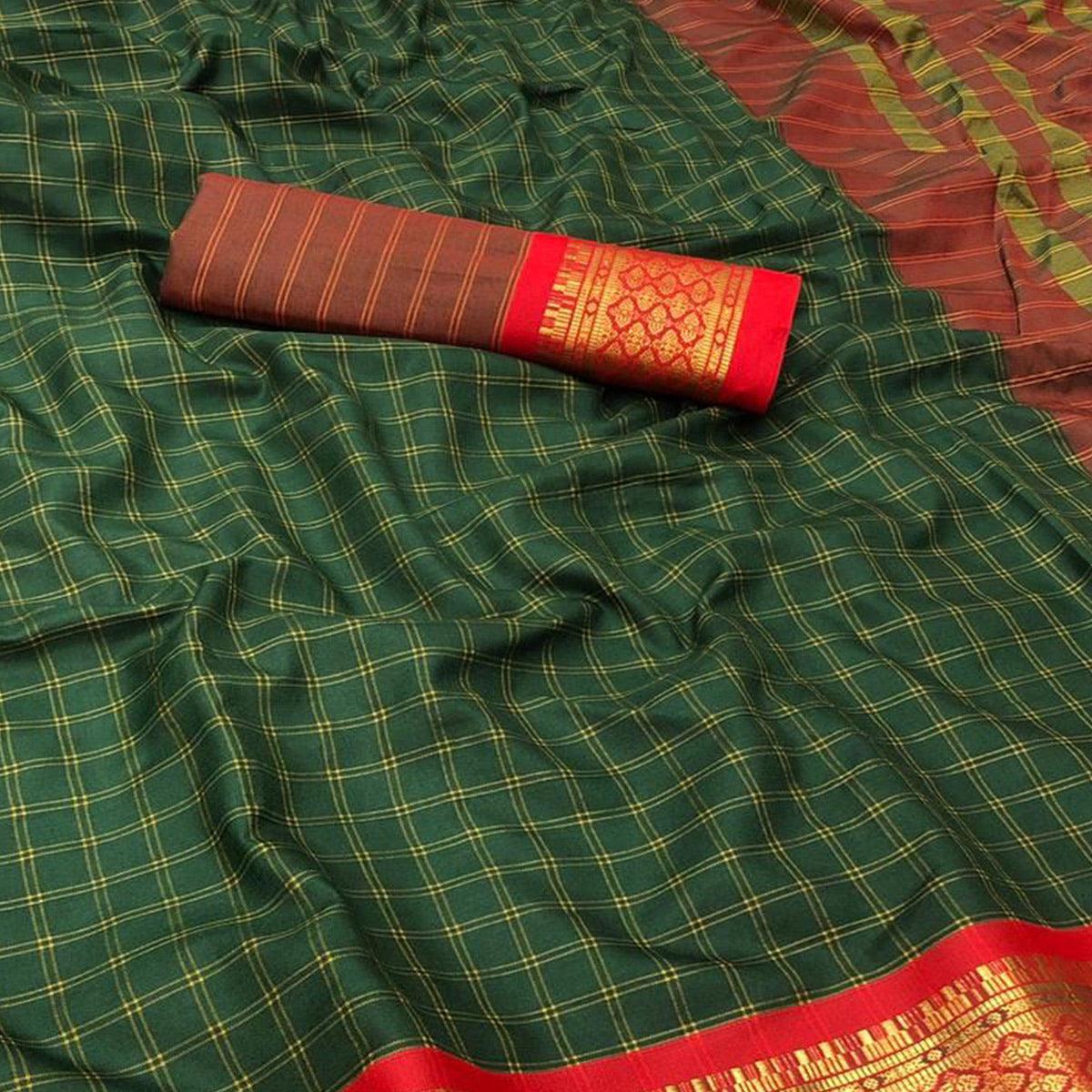 Bottle Green Festive Wear Checks With Woven Border Cotton Silk Saree