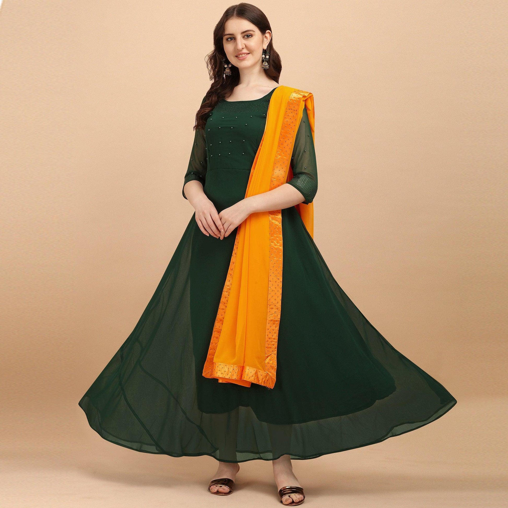 Bottle Green Festive Wear Designer Diamond Work Georgette Long Kurti With Duppata