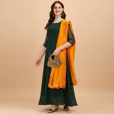 Bottle Green Festive Wear Designer Diamond Work Georgette Long Kurti With Duppata