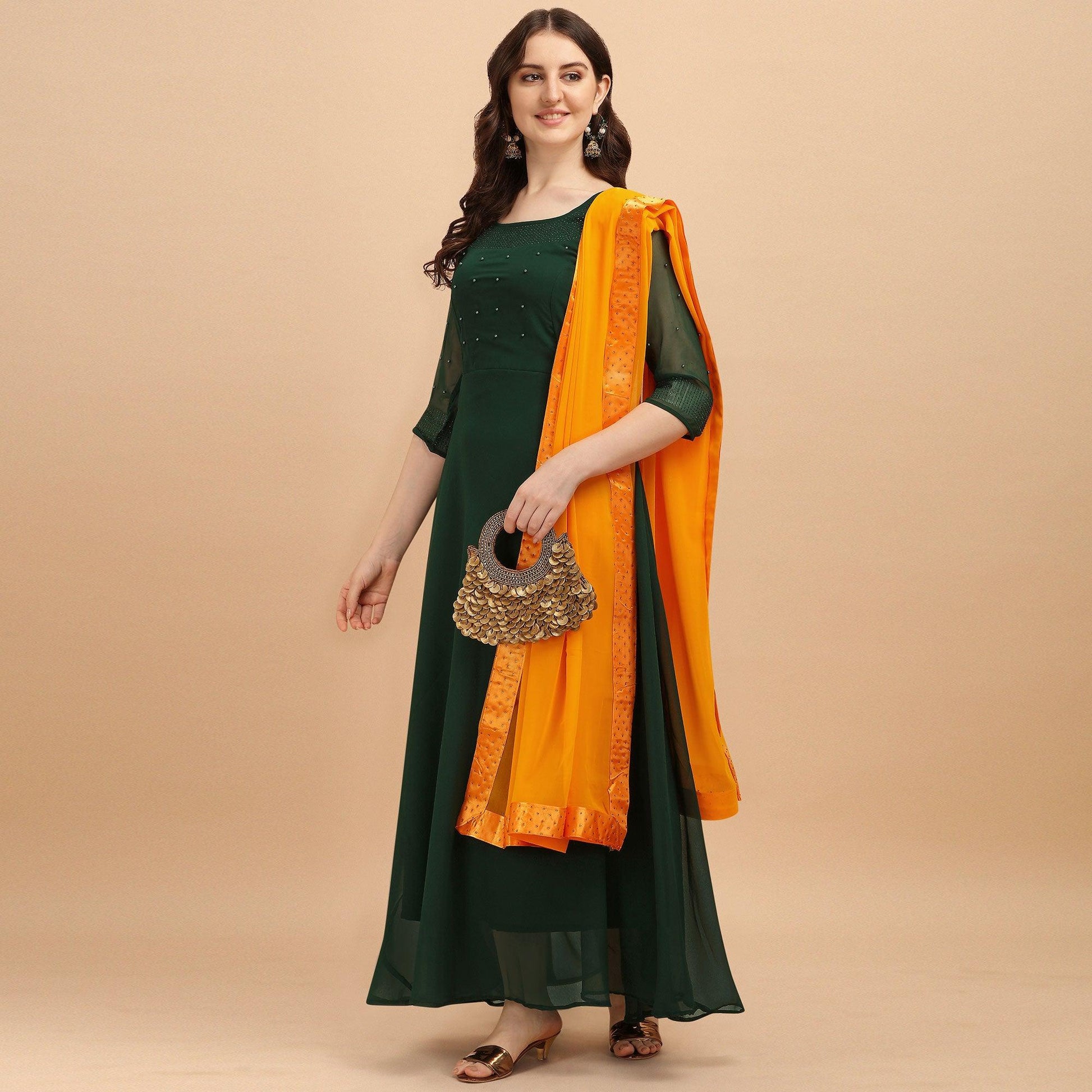 Bottle Green Festive Wear Designer Diamond Work Georgette Long Kurti With Duppata