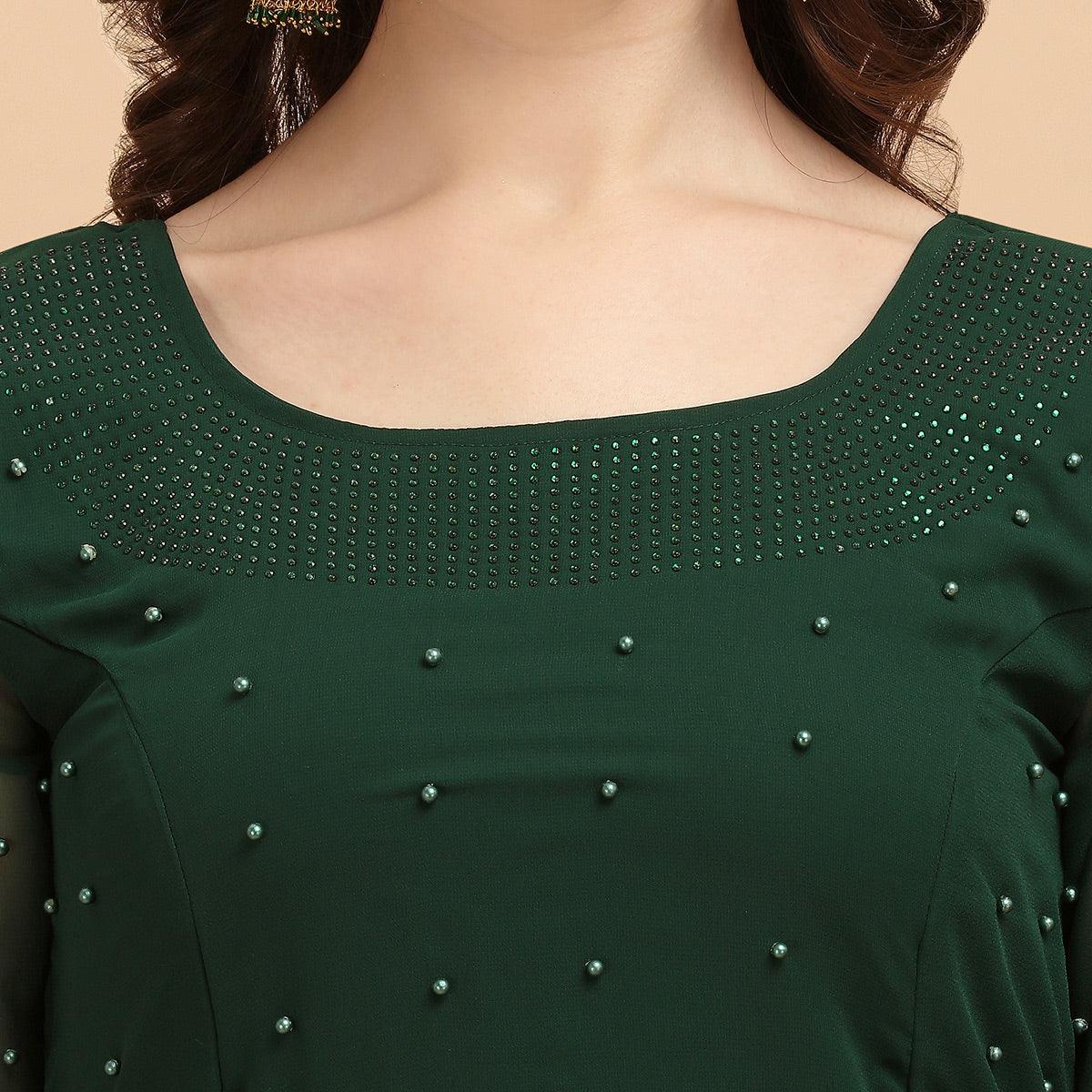 Bottle Green Festive Wear Designer Diamond Work Georgette Long Kurti With Duppata