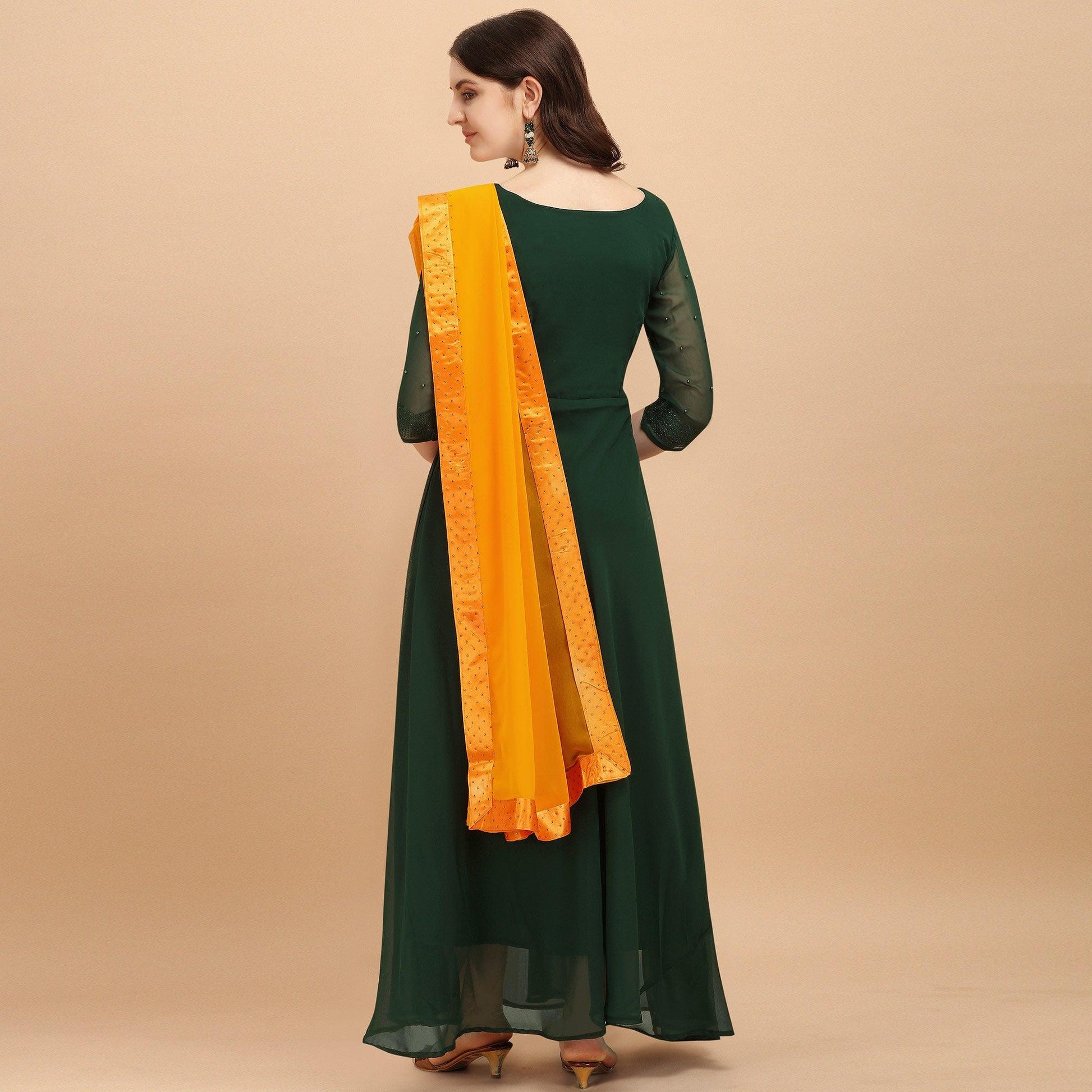Bottle Green Festive Wear Designer Diamond Work Georgette Long Kurti With Duppata