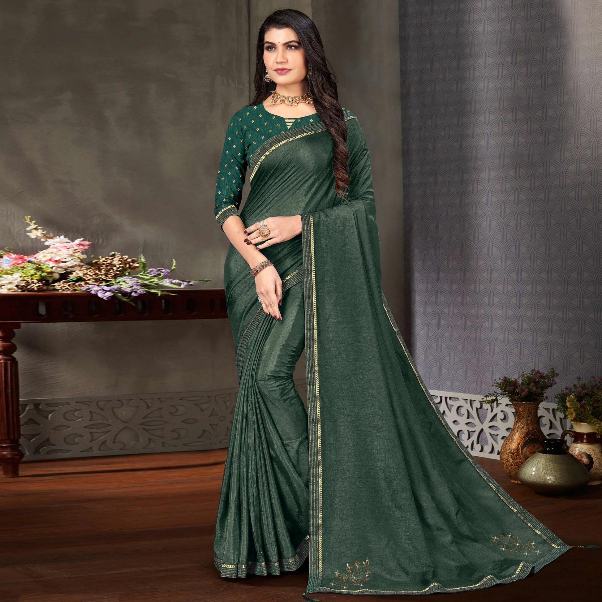 Bottle Green Festive Wear Embellished Art Silk Saree