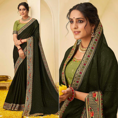 Bottle Green Festive Wear Embellished Chiffon Saree With Heavy Lace