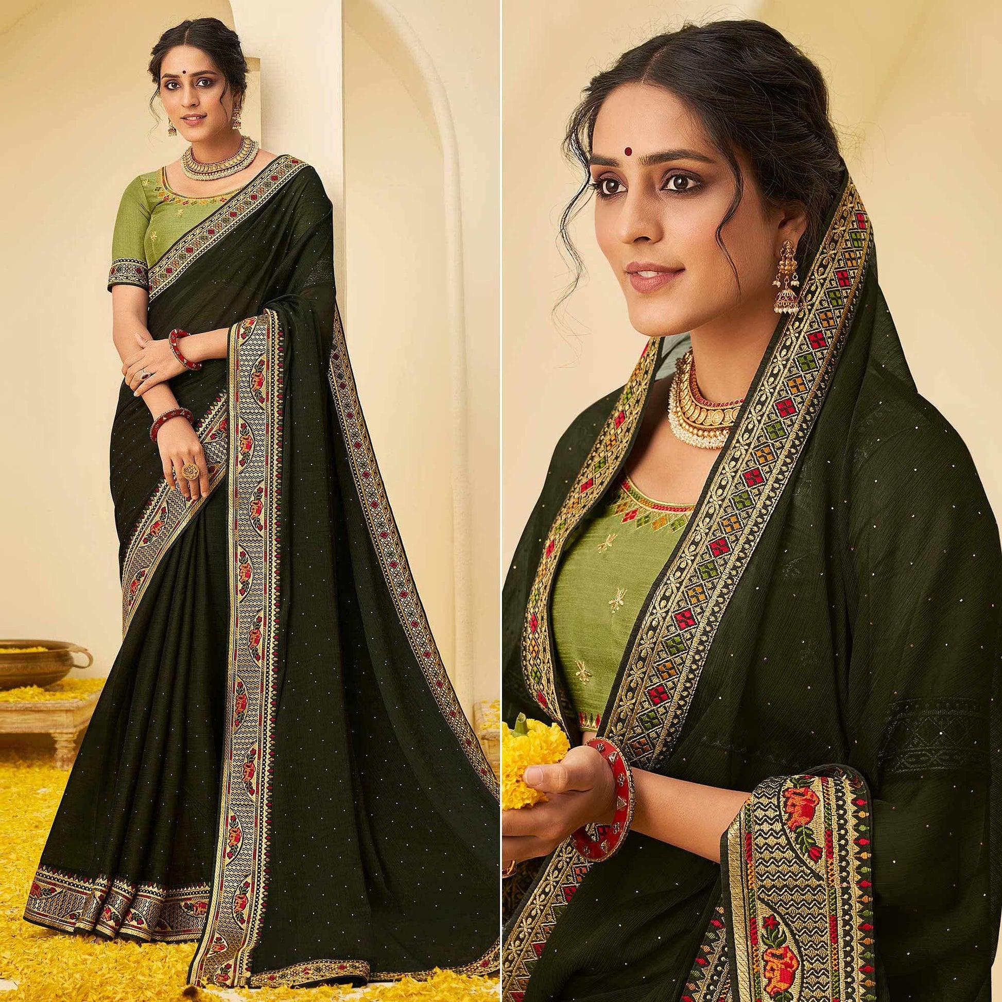 Bottle Green Festive Wear Embellished Chiffon Saree With Heavy Lace