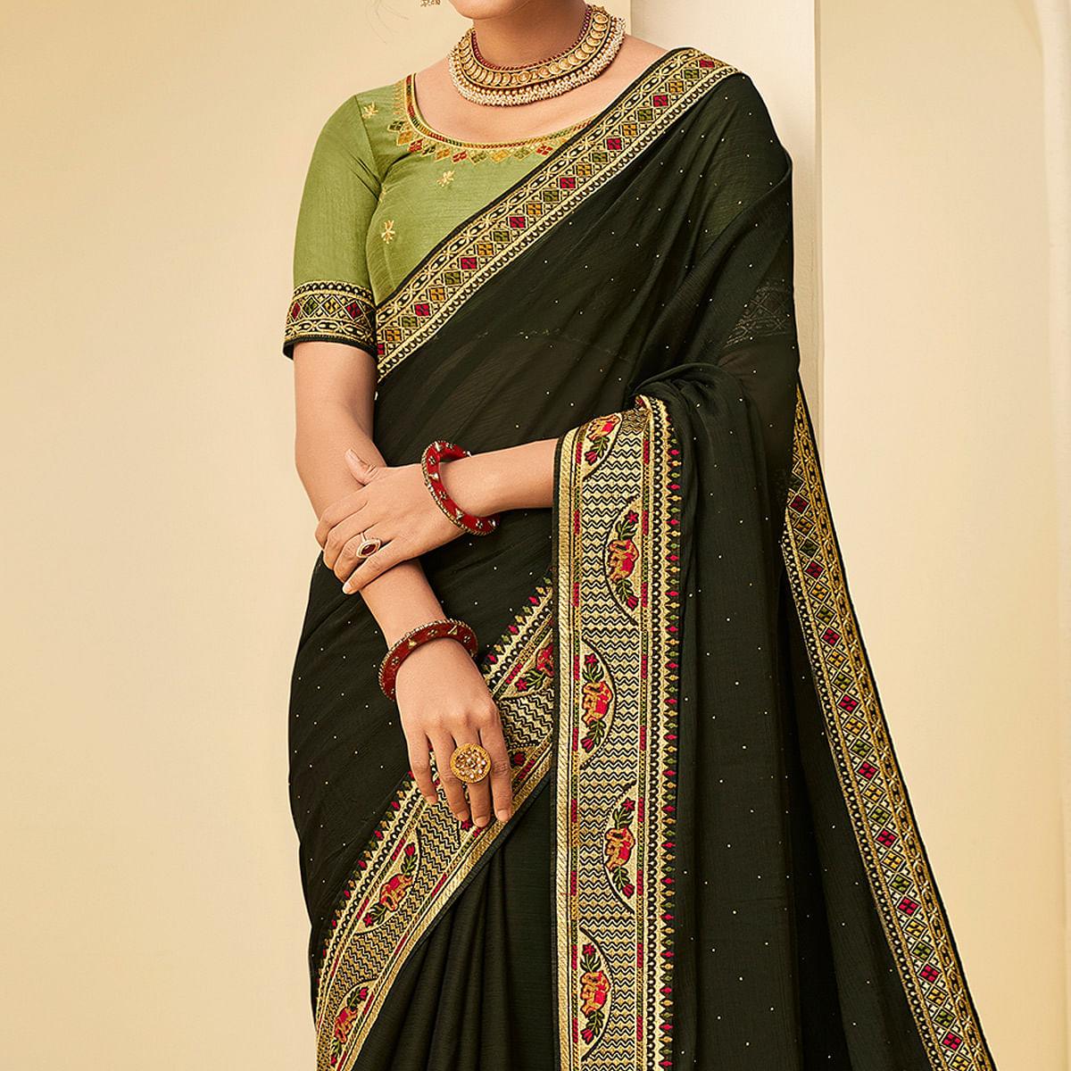Bottle Green Festive Wear Embellished Chiffon Saree With Heavy Lace
