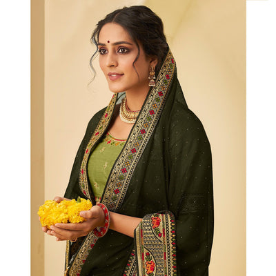 Bottle Green Festive Wear Embellished Chiffon Saree With Heavy Lace