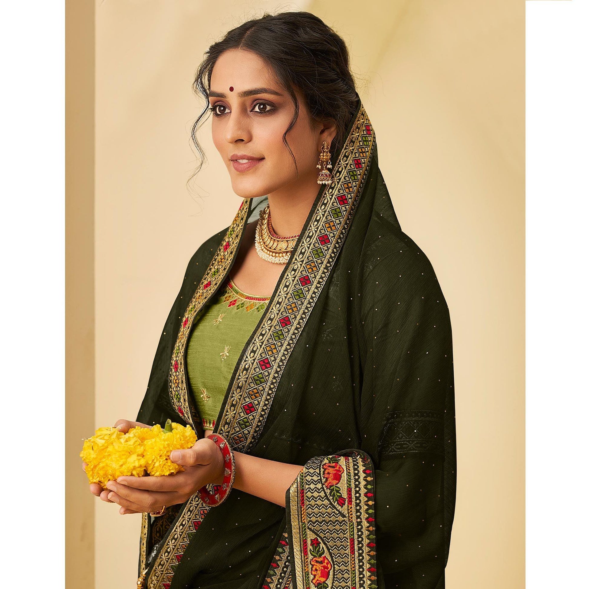 Bottle Green Festive Wear Embellished Chiffon Saree With Heavy Lace