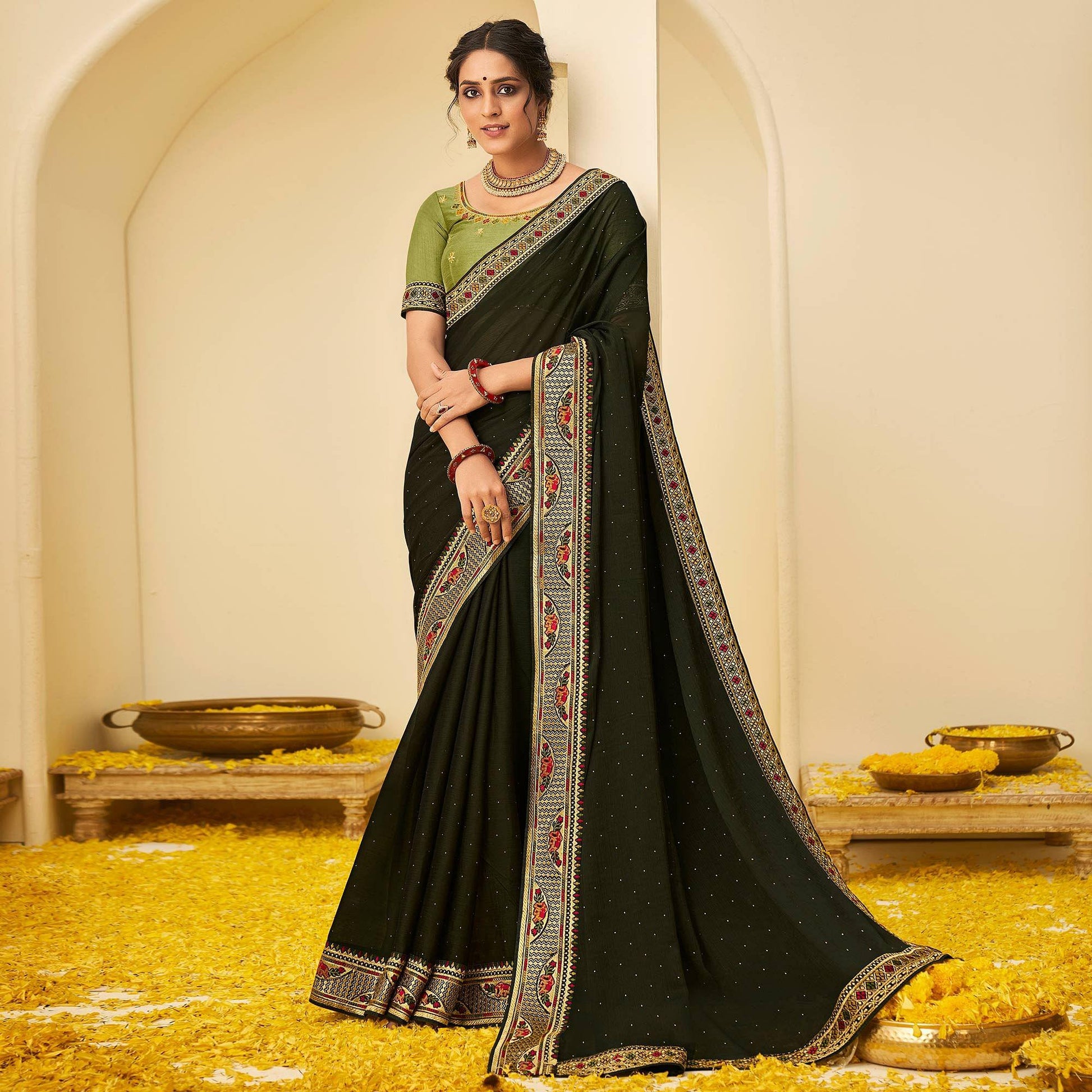 Bottle Green Festive Wear Embellished Chiffon Saree With Heavy Lace