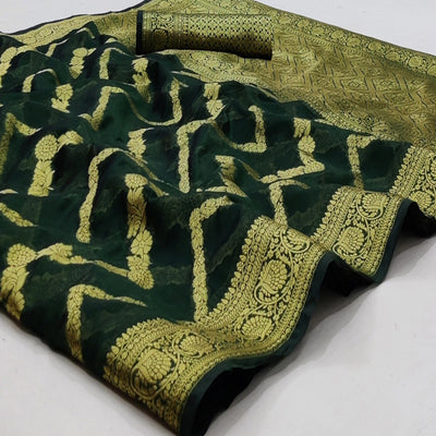 Bottle Green Festive Wear Floral Woven Soft Organza Saree