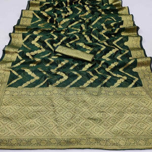 Bottle Green Festive Wear Floral Woven Soft Organza Saree