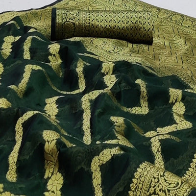 Bottle Green Festive Wear Floral Woven Soft Organza Saree