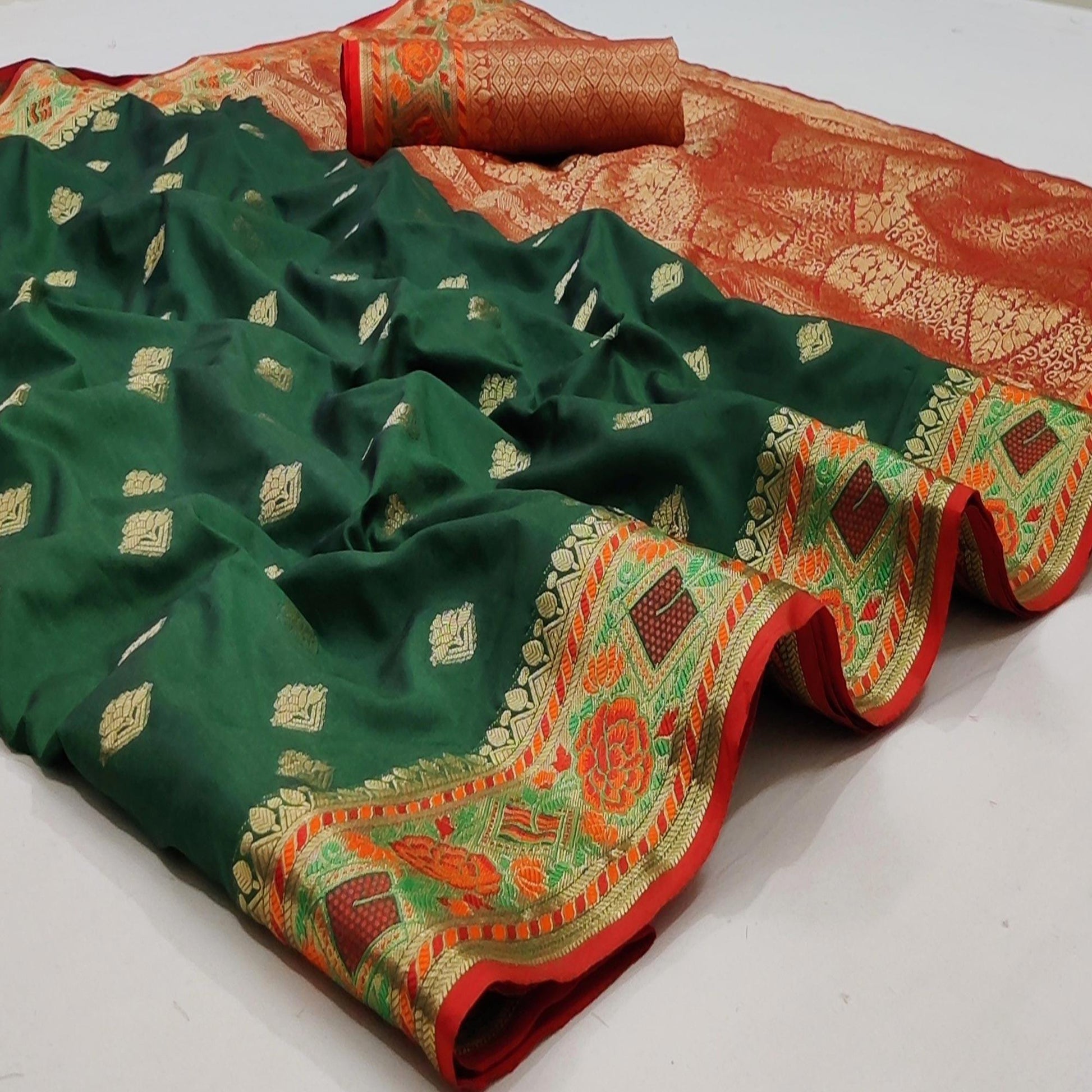 Bottle Green Festive Wear Floral Woven Soft Silk Saree With Jacquard Border