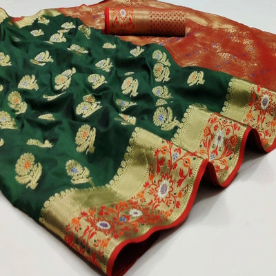 Bottle Green Festive Wear Floral Woven Soft Silk Saree With Jacquard Border