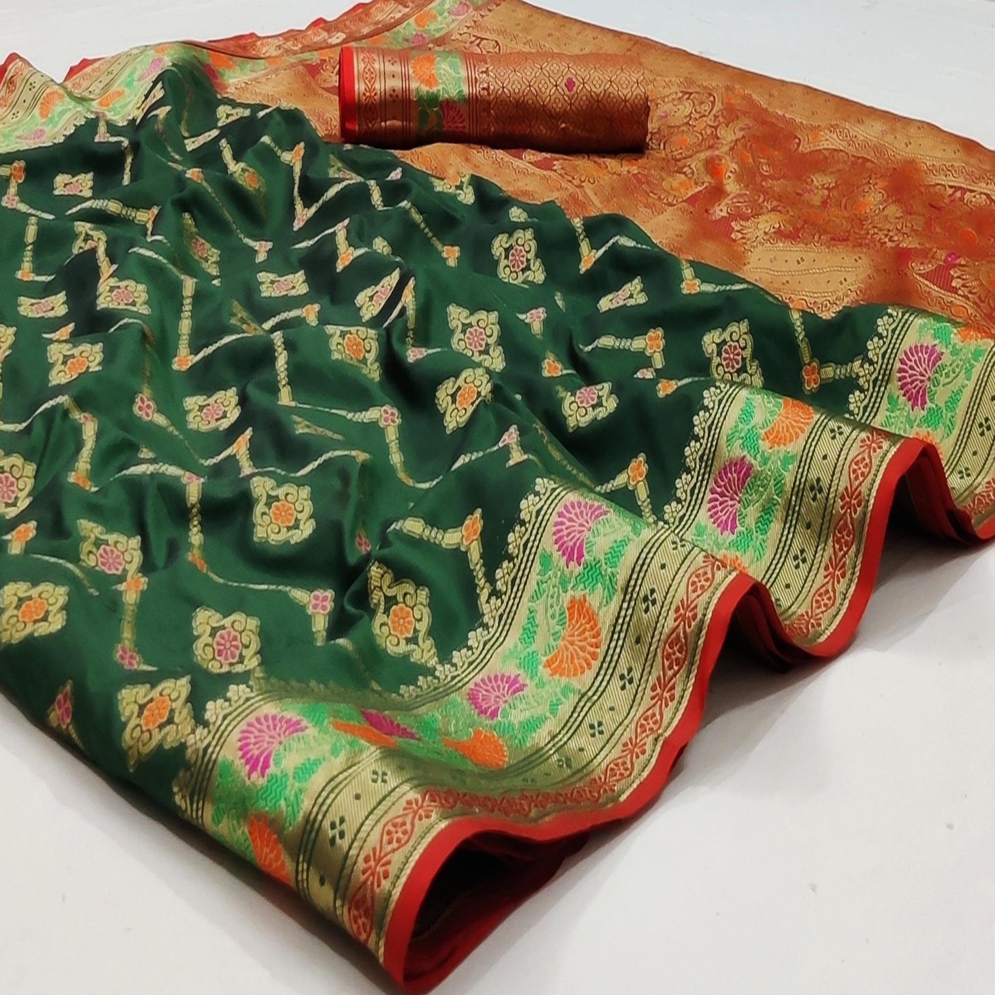 Bottle Green Festive Wear Floral Woven Soft Silk Saree With Jacquard Border